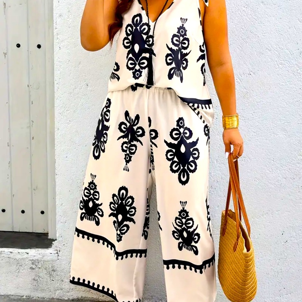 Two piece pants and tie on the shoulders top